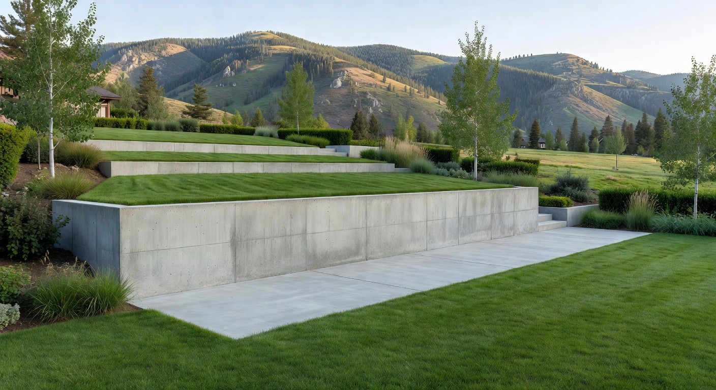 Concrete retaining wall supporting a landscaped yard